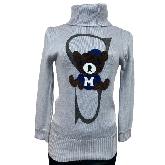 Handmade Women’s Grey Teddy Bear with S Letter Turtle Neck Sweater Sz S - Picture 2 of 12